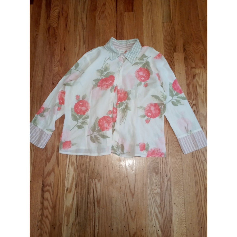 Jjill Top Women's XL White Pink Floral Long Sleeve Button-up Shirt